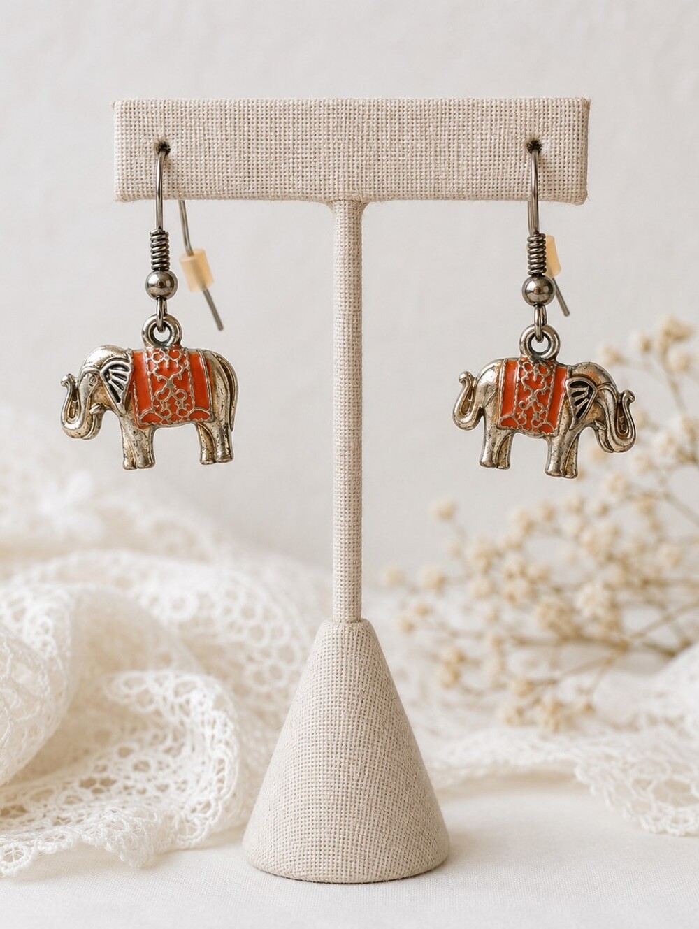 Vintage Charming Boho Festival Grunge Elephant Drop Gold Tone Metal Earrings